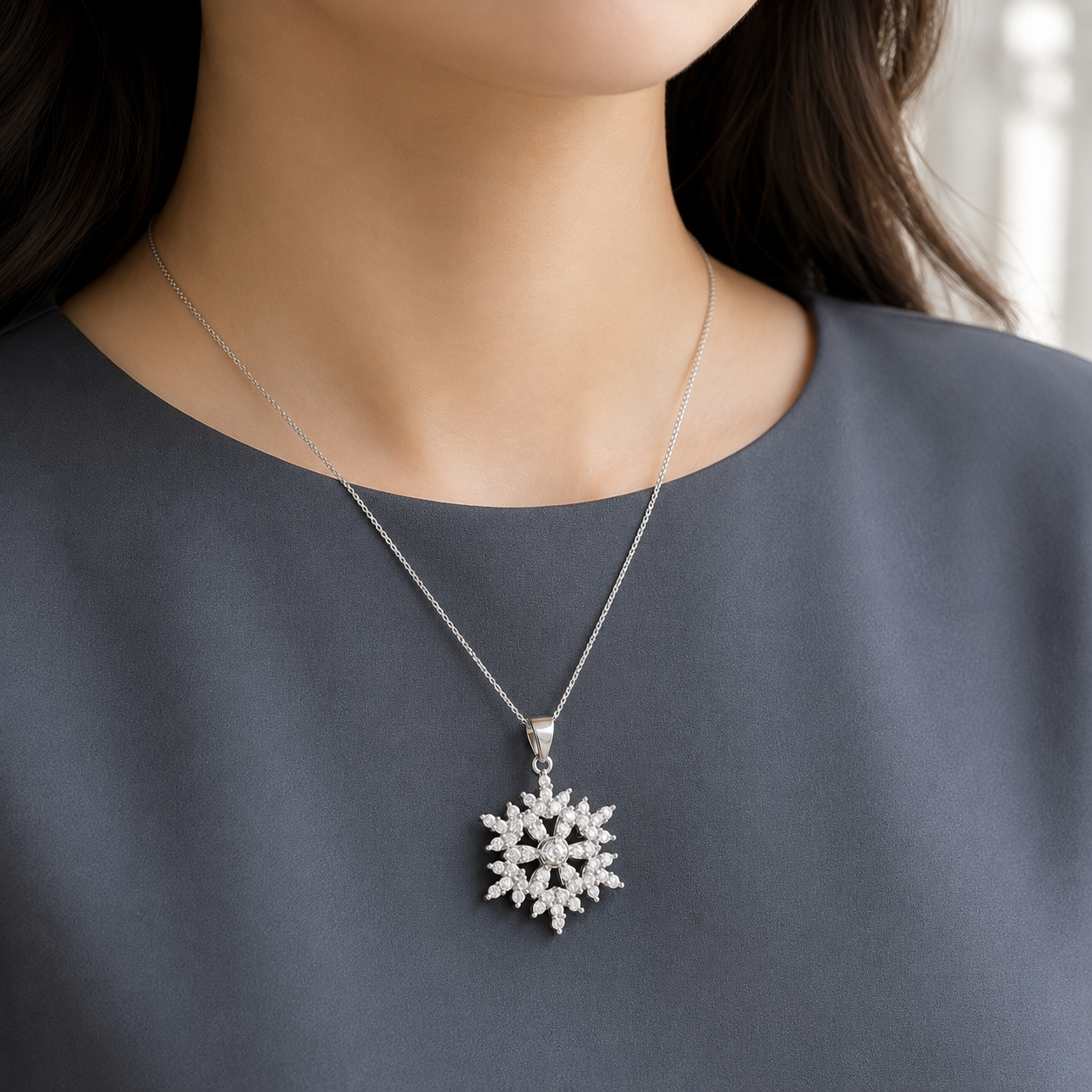 Model wearing a silver-tone geometric pendant necklace with clear radiating stones and round centre stone.