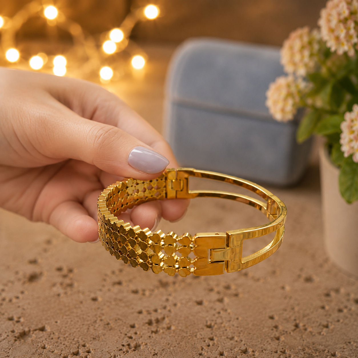 Close-up of a gold floral bracelet with secure lock held in a manicured hand against a luxury background featuring a soft smoky blue velvet bracelet cushion and warm fairy lights