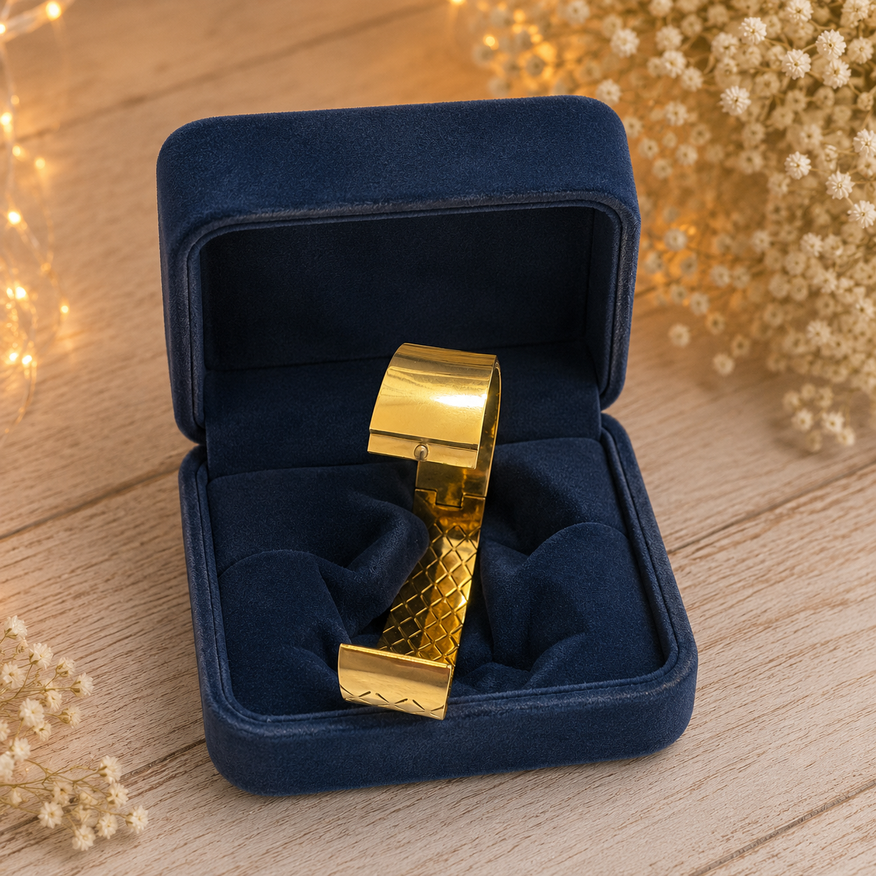 Gold-tone lattice cuff bracelet displayed with its locking clasp opened inside a premium navy velvet jewelry box.