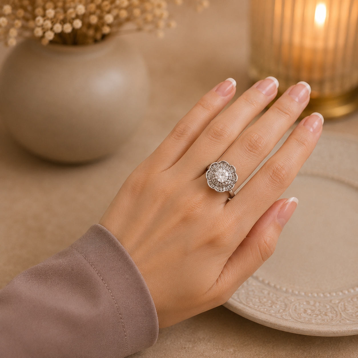 Silver floral crystal statement ring worn on a refined feminine hand with a soft luxury interior background and elegant styling.