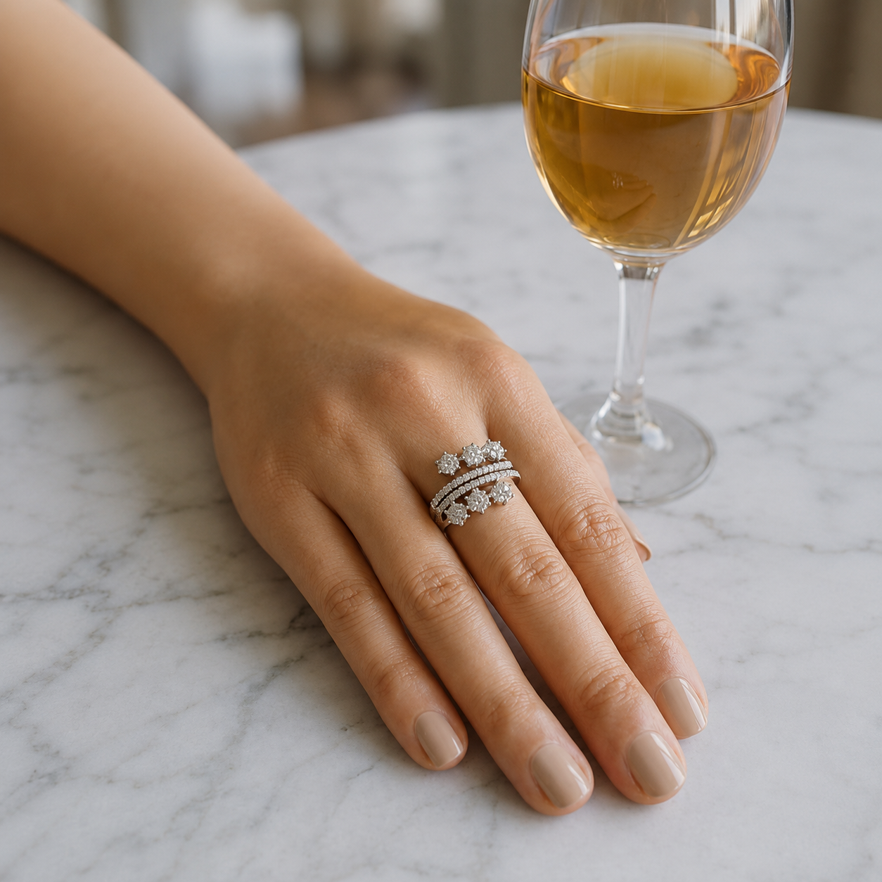 Floral Cluster Pavé Wrap Ring – Silver Tone Statement Band