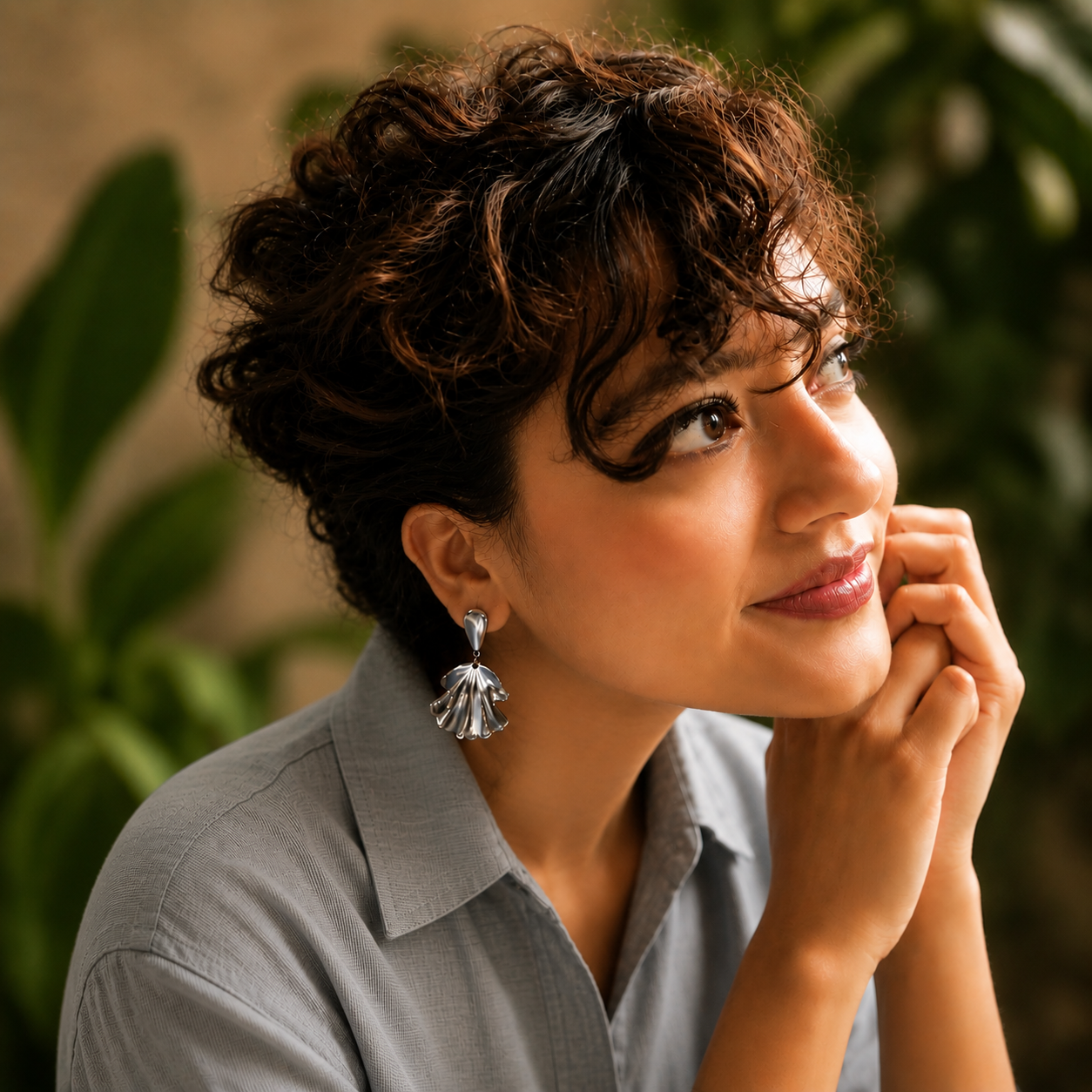 Woman with styled hair wearing a gray shirt and earrings, with a blurred green plant background.