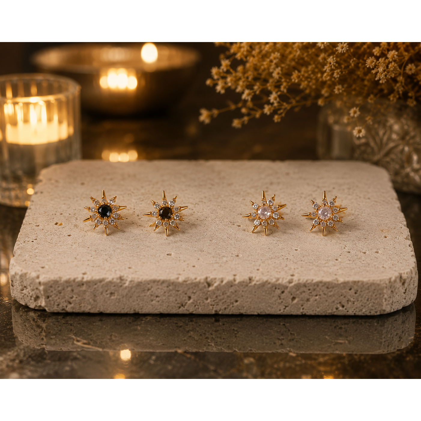 Starburst Stud Earrings in Rose Gold - black and transparent centre stone