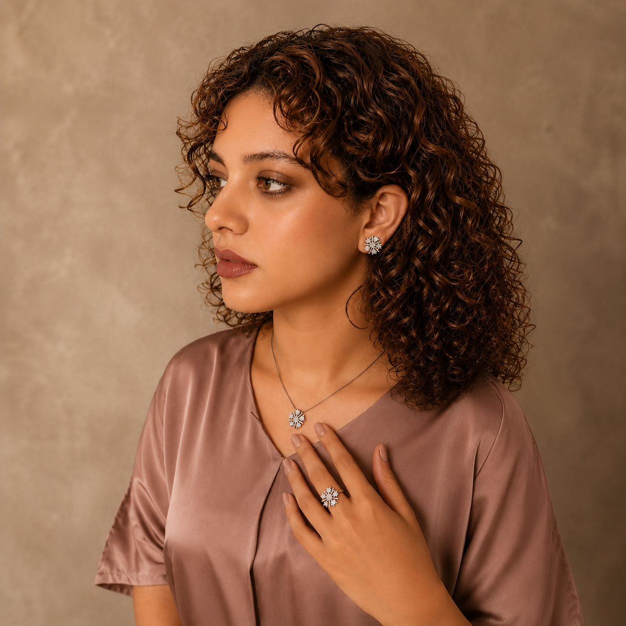 Model wearing a silver snowflake jewelry set featuring matching stud earrings, pendant necklace, and statement ring with sparkling crystal details.