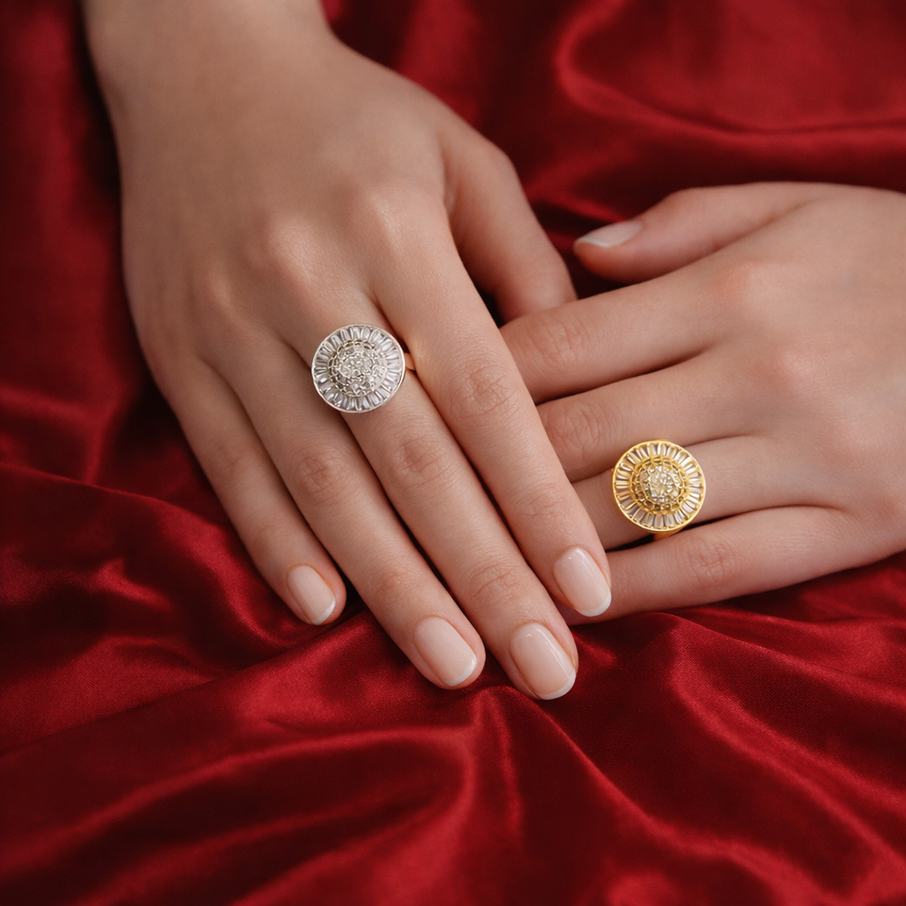 Radiant Sunburst Statement Ring – Gold & Silver Finish
