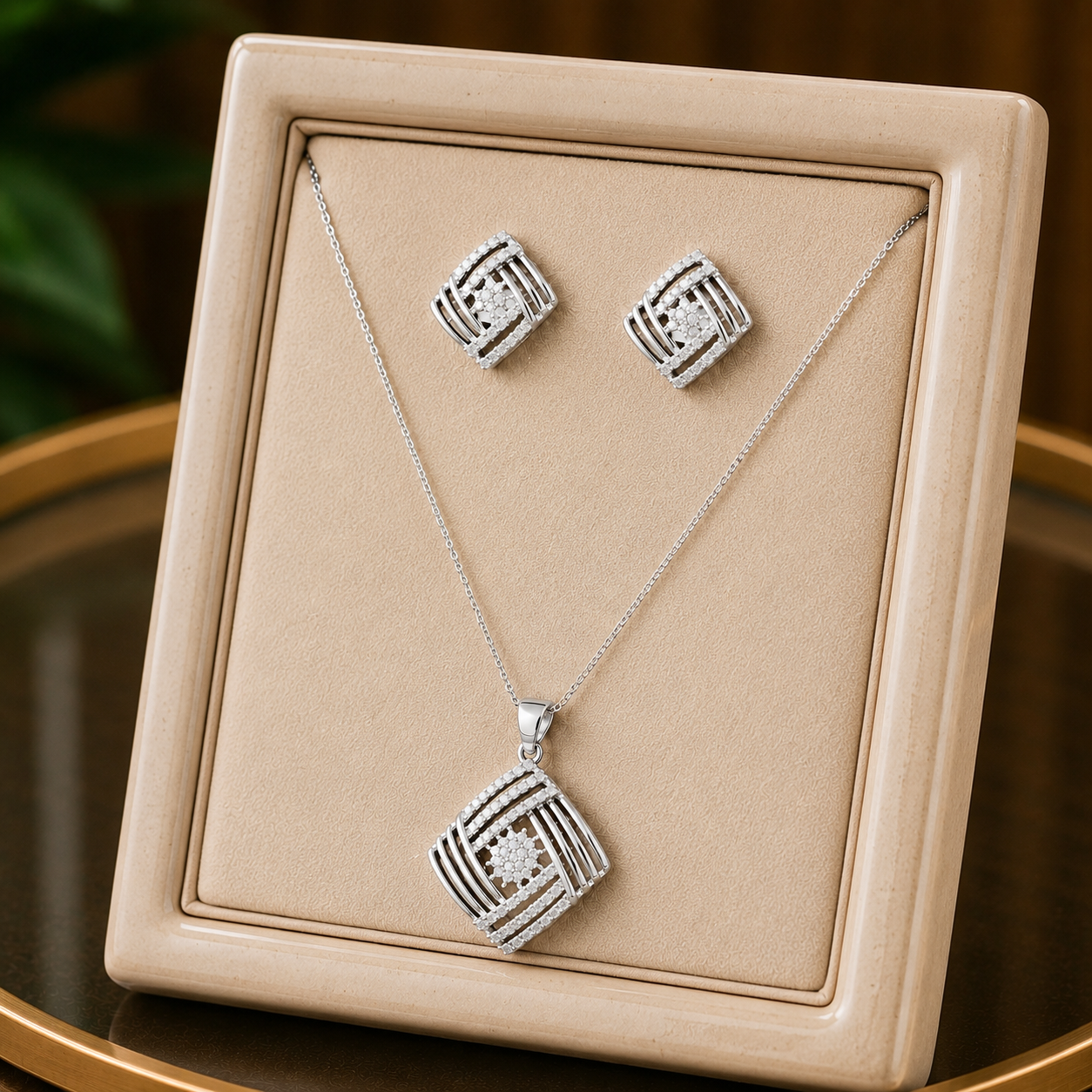 S925 Linear Muse earrings and pendant set featuring layered geometric silver lines and clear stone detailing displayed in a beige frame