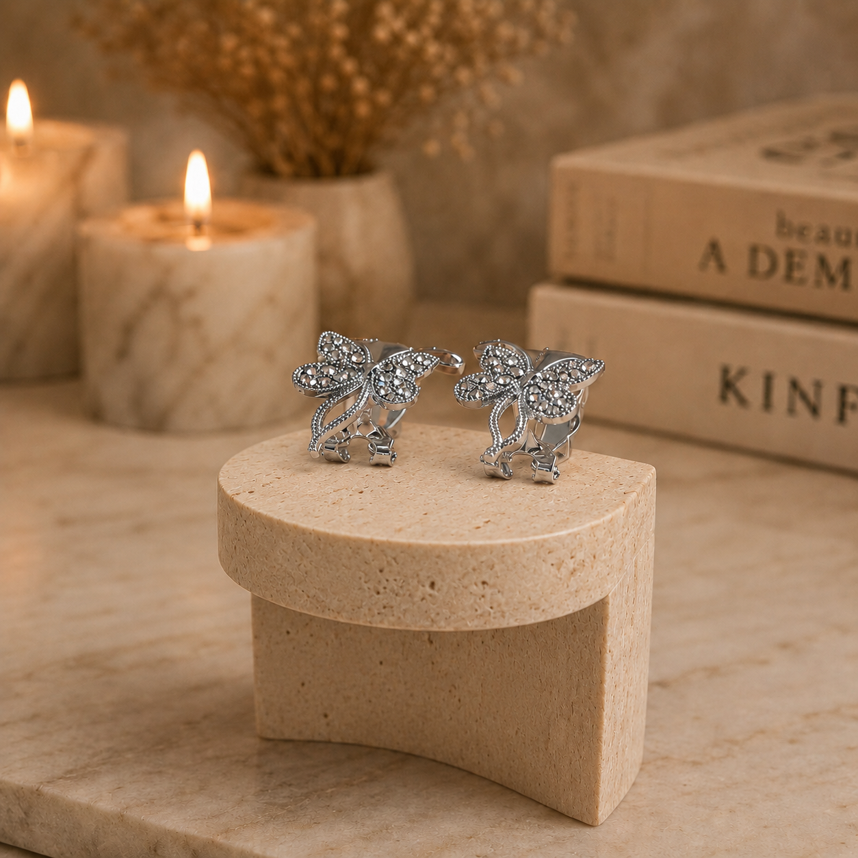 Silver butterfly crystal earrings displayed on a beige travertine stone pedestal with a luxury candle-lit background.