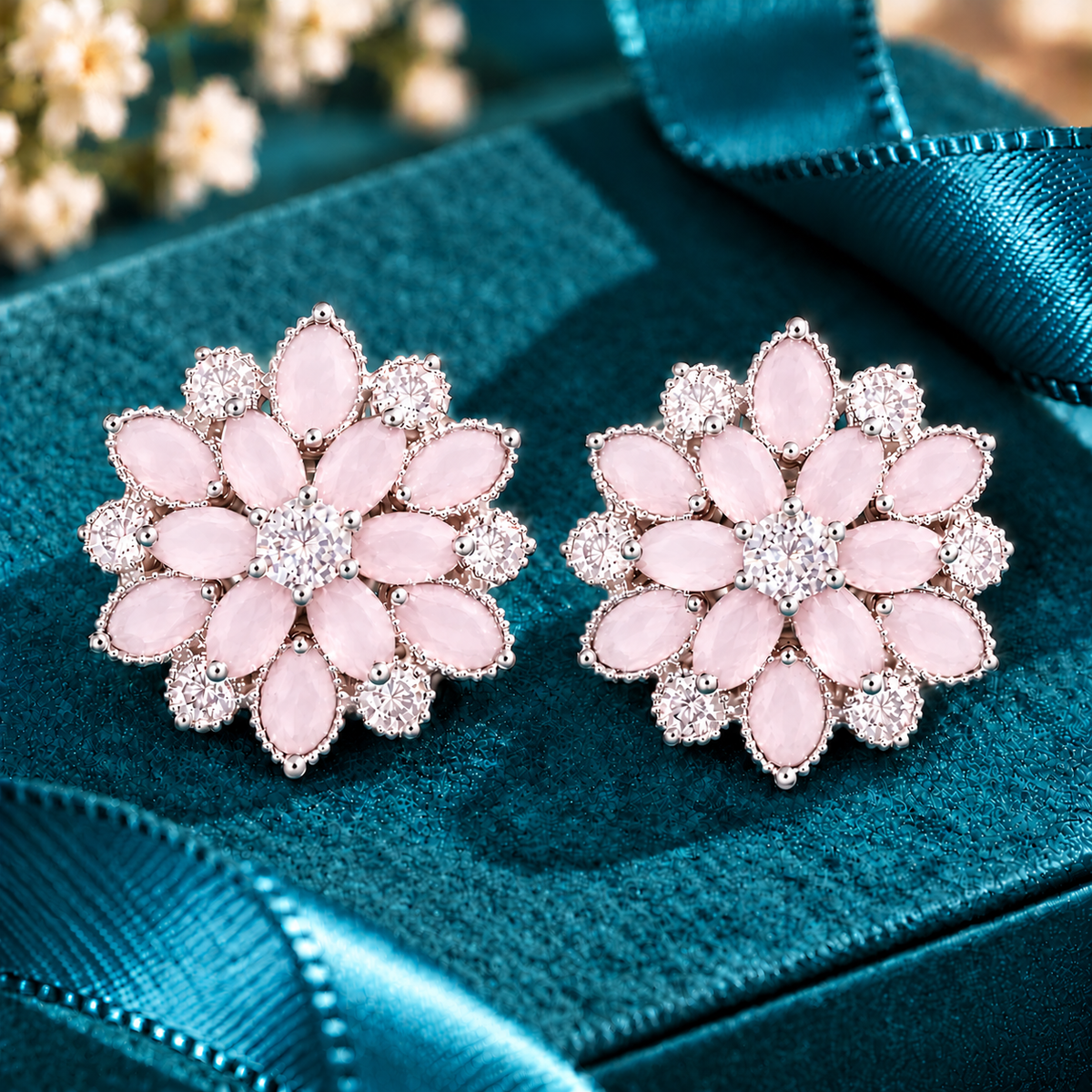 Vespera Bloom Earrings in milky blush pink, featuring layered marquise-cut gemstones, clear zircon accents and polished silver-tone settings, displayed on a teal jewellery box