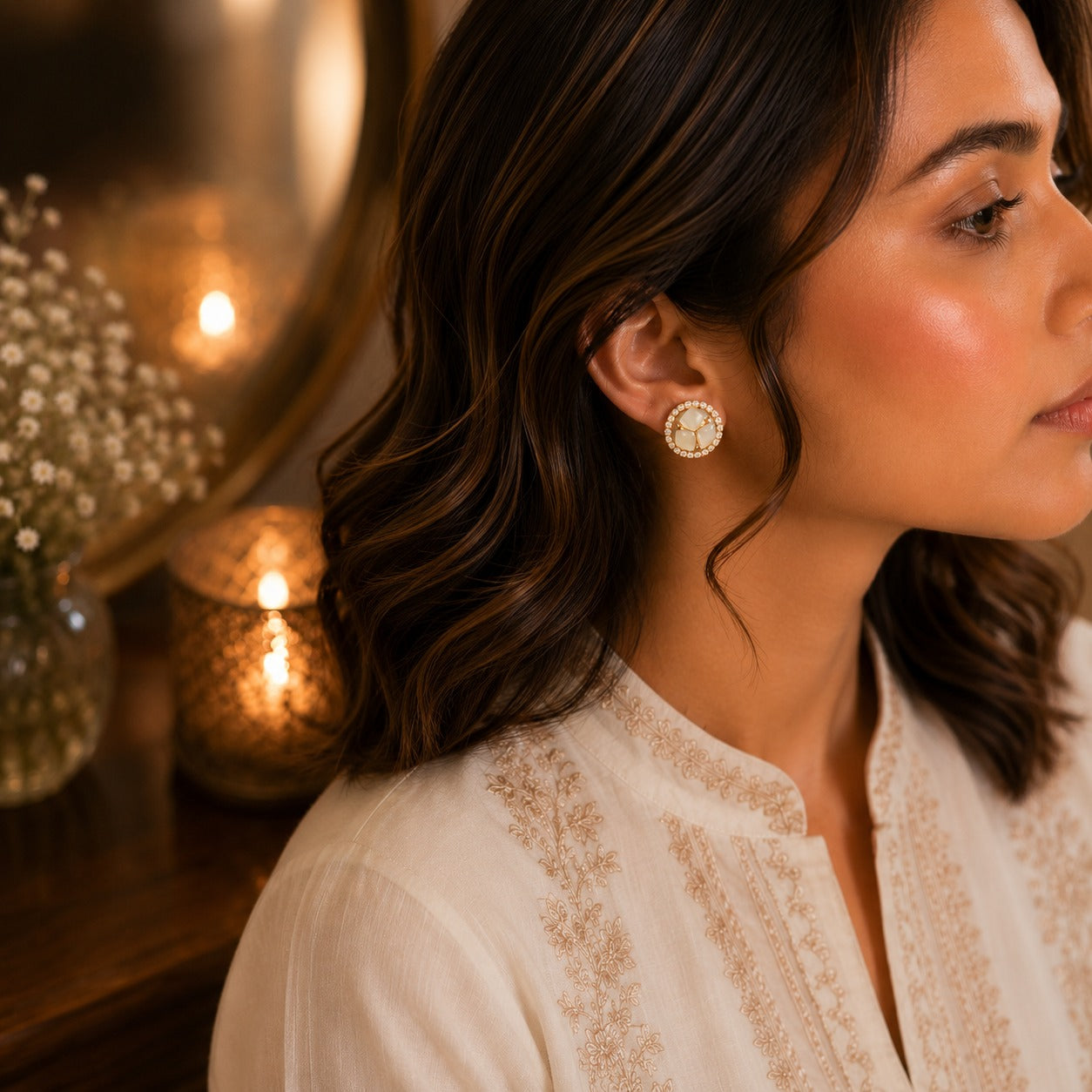 Woman wearing round Mother of Pearl halo stud earrings with a cream embroidered outfit in a luxury vanity setting.