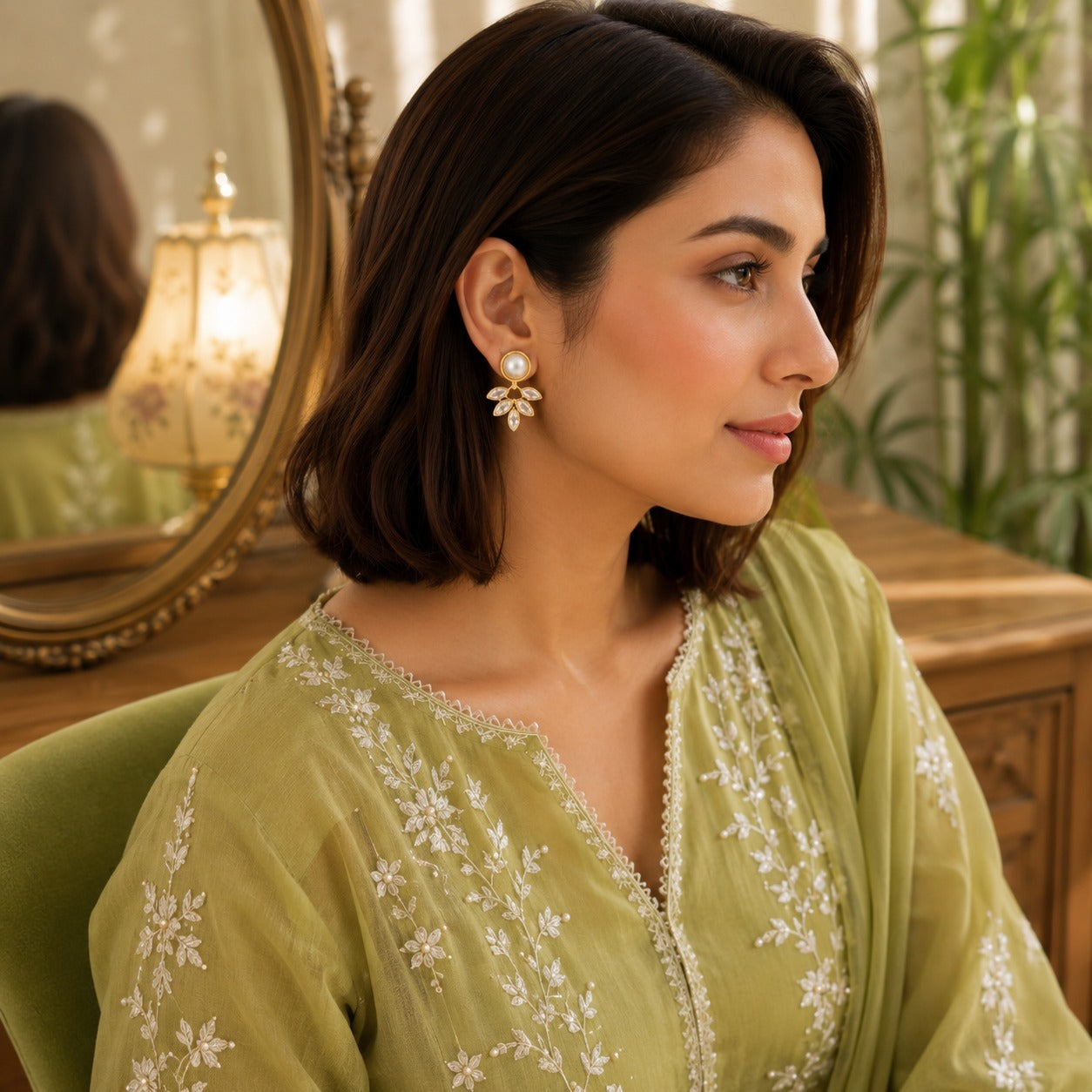 Woman wearing pearl and marquise gold crystal drop earrings with a light olive embroidered outfit in a bright luxury indoor setting.