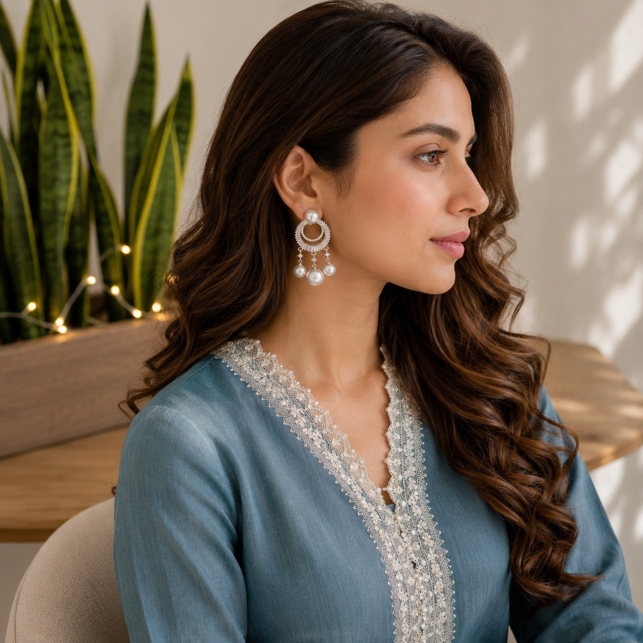 Woman wearing silver pearl crystal chandelier drop earrings with a dusty blue outfit in a bright luxury indoor setting.