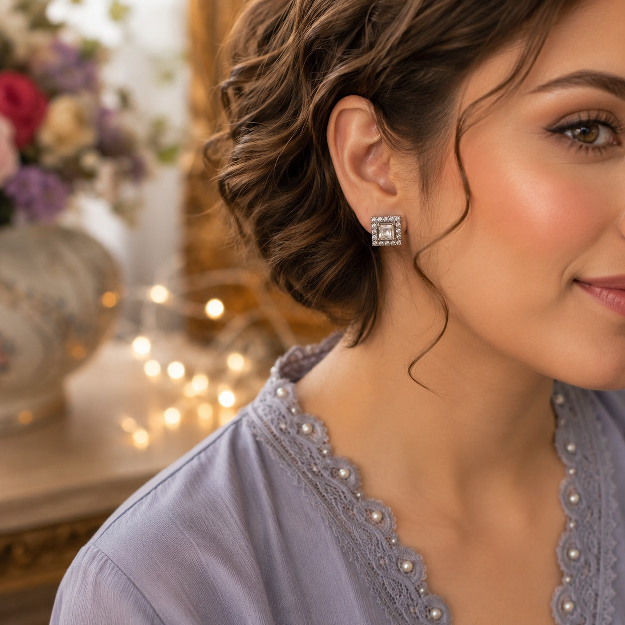 Close-up of a woman wearing silver square halo stud earrings with a princess-cut clear crystal centre in a softly lit indoor setting.
