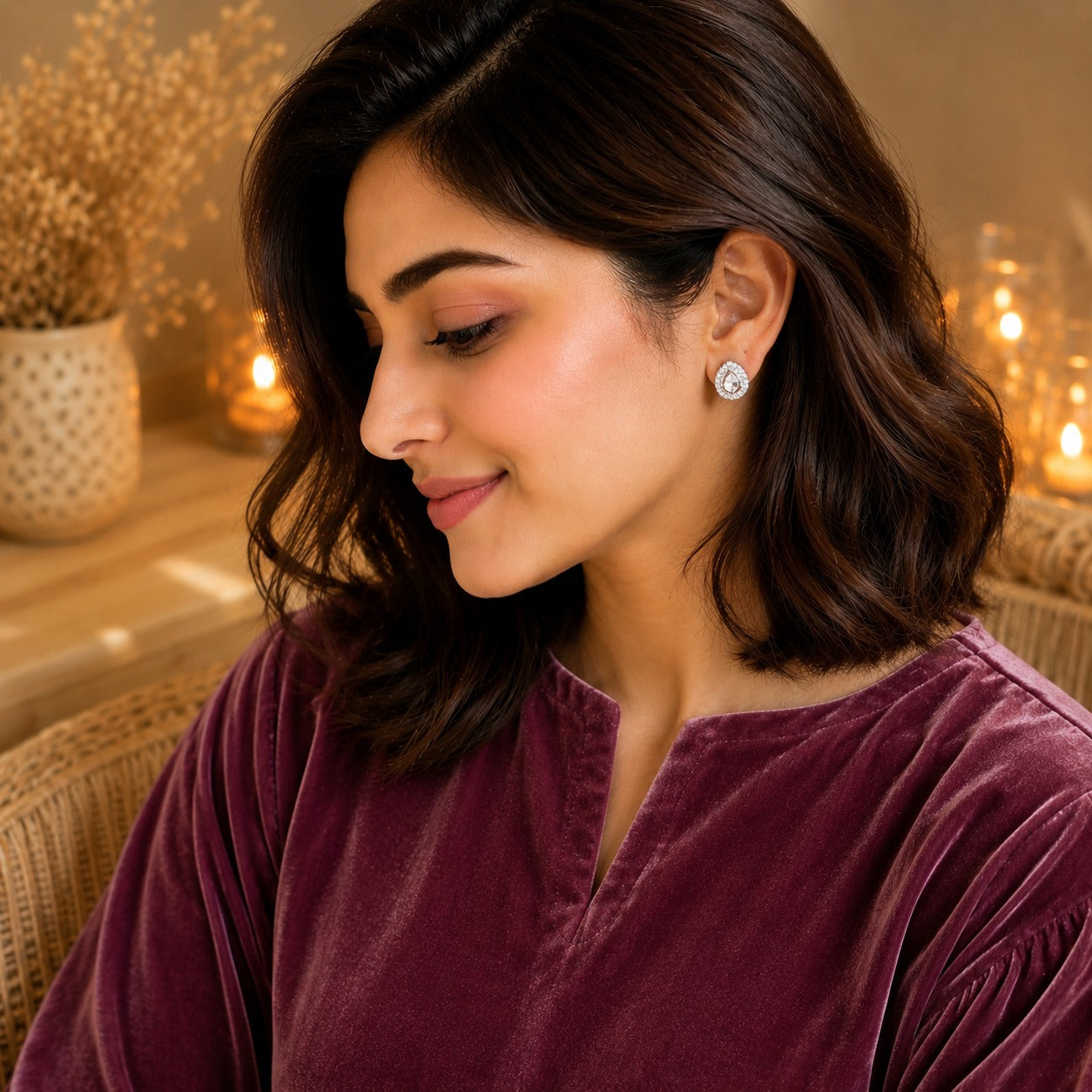 Woman wearing silver teardrop stud earrings with a clear pear-cut centre stone and pavé halo in a warm luxury indoor setting