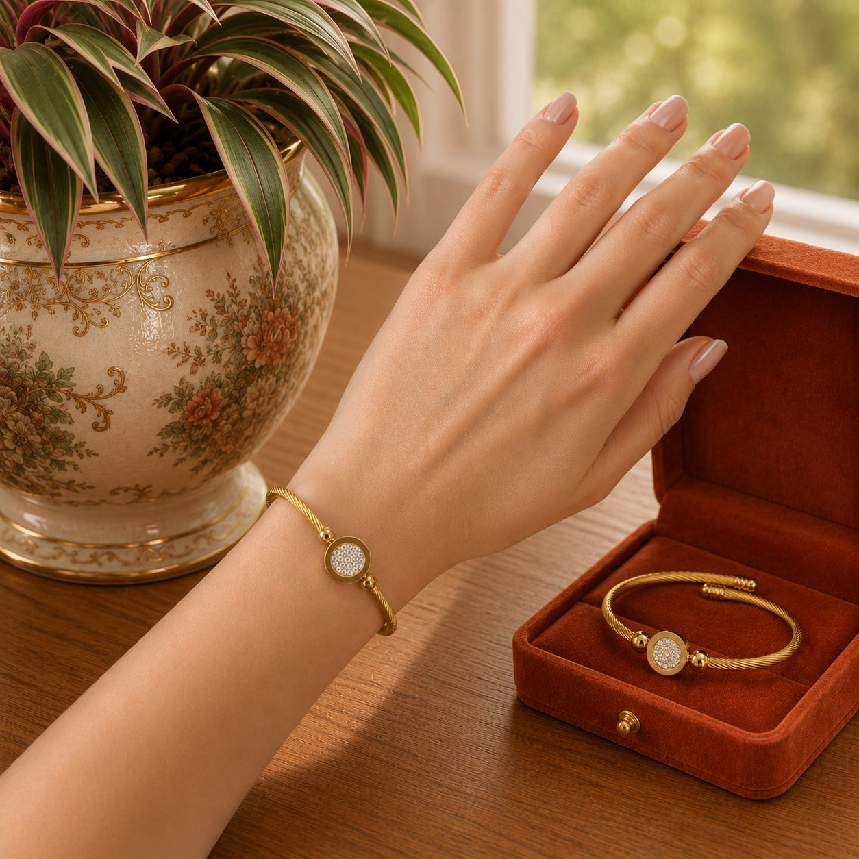 Model wearing a gold twisted cable bracelet with a crystal pavé centerpiece on the wrist in a warm natural daylight setting.