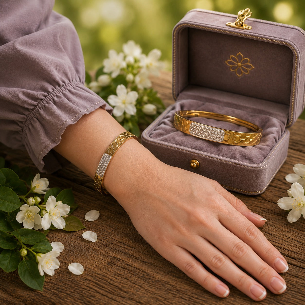 Gold geometric crystal cuff bracelet worn on the wrist beside a mauve velvet jewellery box with white blossoms