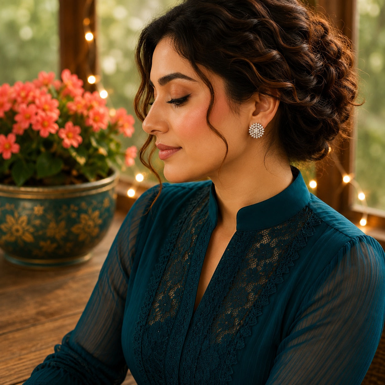 Detailed view of sparkling floral-inspired stud earrings with a premium boutique presentation.