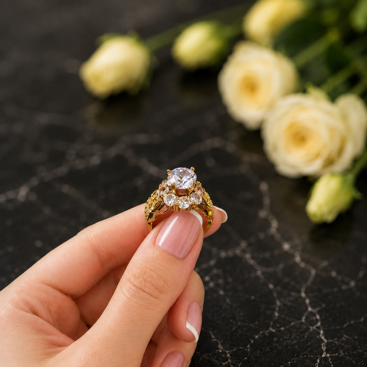 A close-up of a hand holding a gold ring with a large clear center stone and smaller surrounding stones, set against a dark marble surface with blurred pale yellow roses in the background.