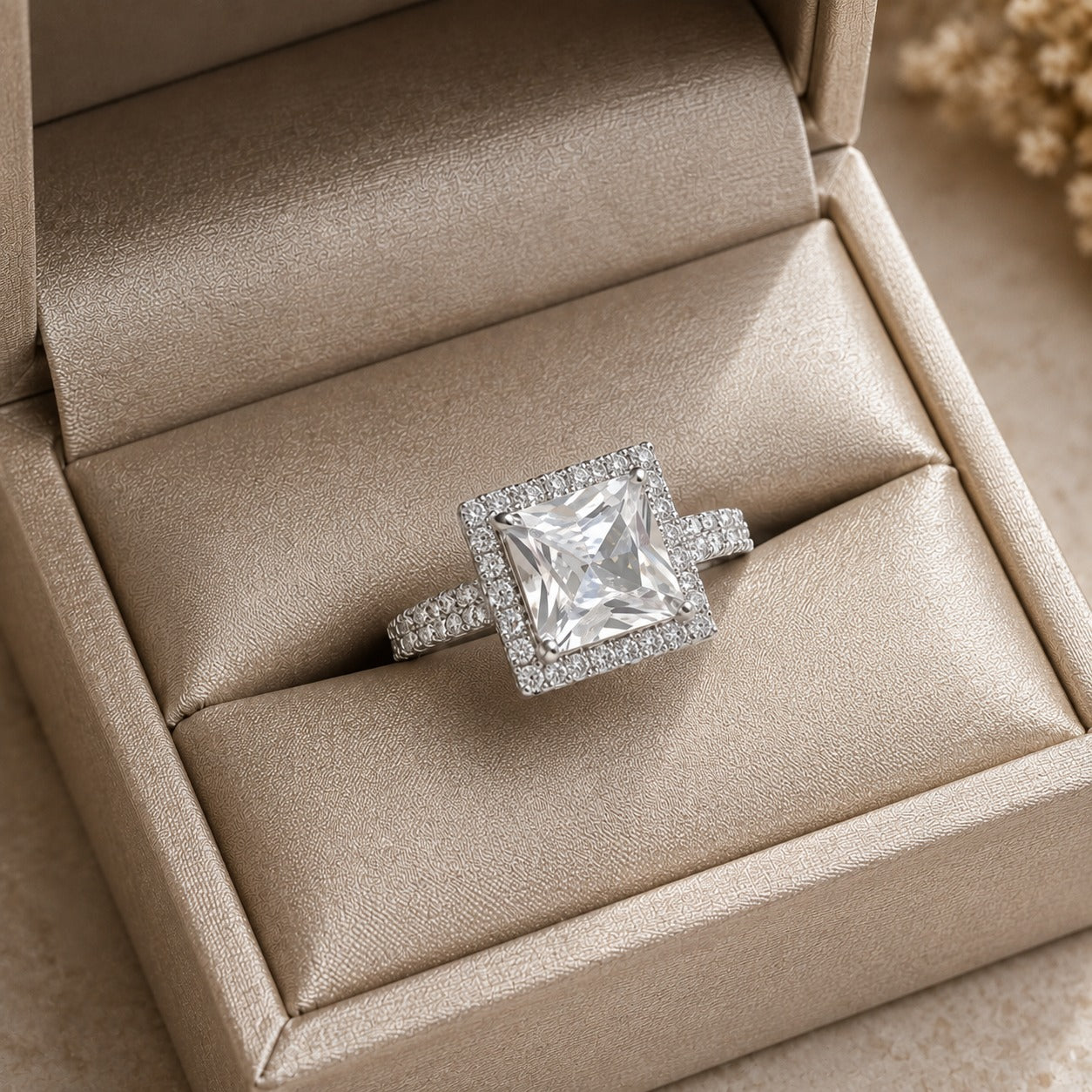 Crystal Clear Square-cut statement ring with faceted centre stone, clear stone halo and detailed band displayed in a champagne jewellery box.