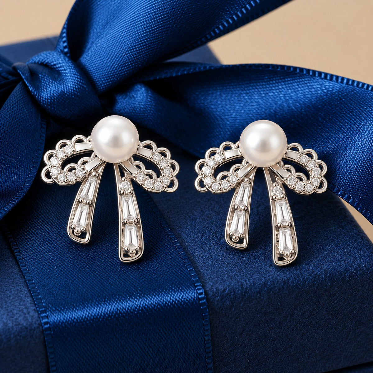Silver-tone bow stud earrings with white pearl centres, clear zircon detailing and baguette-cut stone drops.