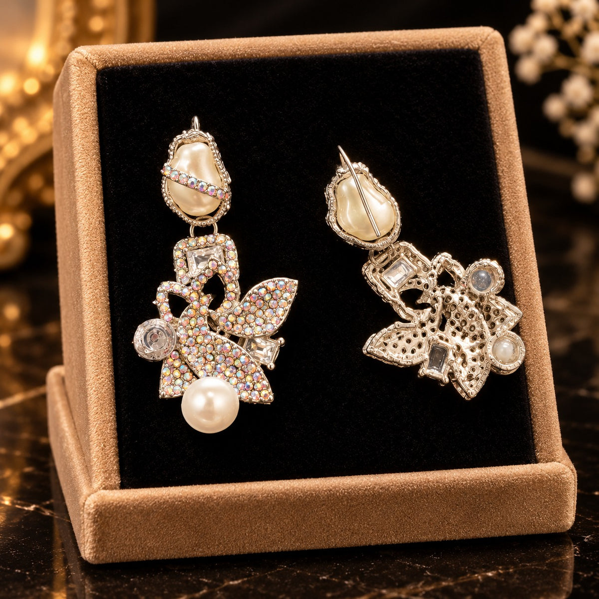 Rear view of Baroque Mosaic Earrings showing the detailed metal framework and earring fastening.