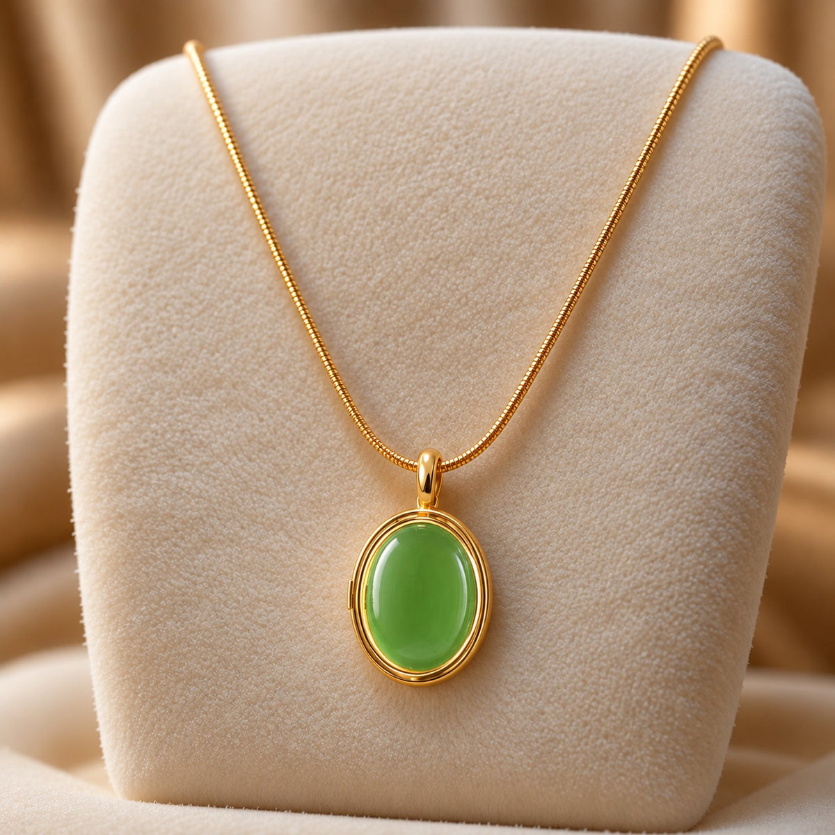 Gold-tone oval locket pendant with a smooth muted emerald green centre, suspended from a fine chain on a soft ivory jewellery stand.