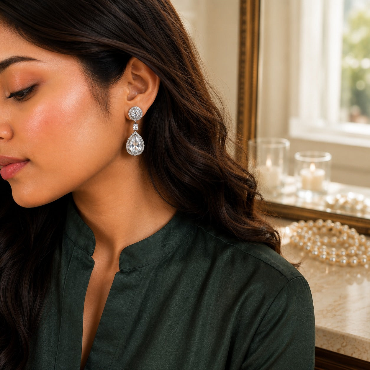 A woman wearing a dangling teardrop earring with a silver-toned round setting and clear teardrop gemstone, shown in profile against an indoor background with candles and pearls.