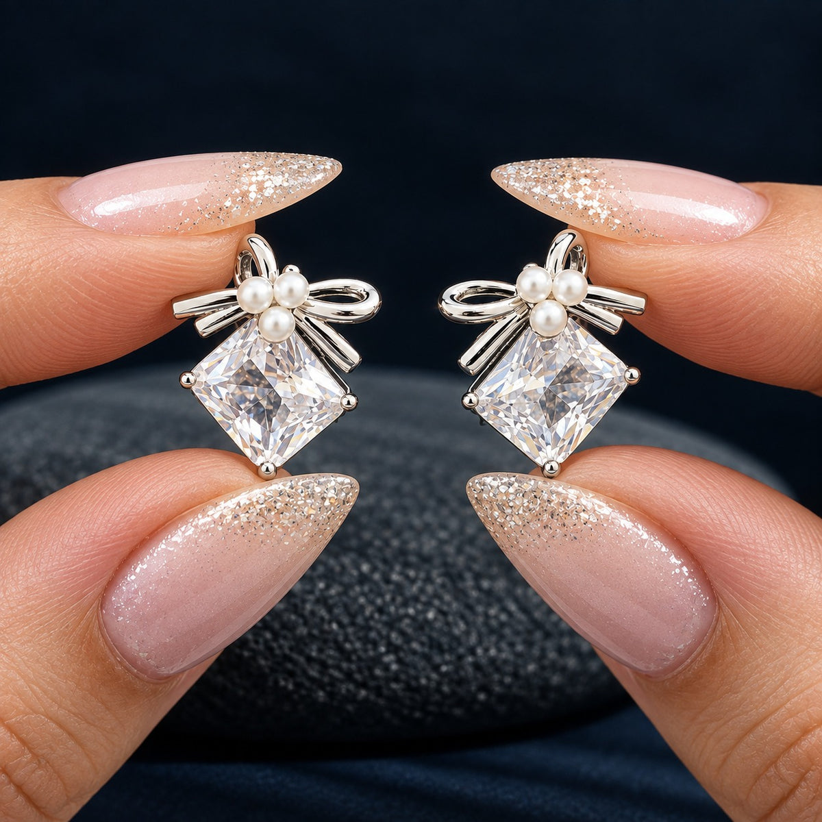 Pair of silver-tone bow stud earrings held between manicured fingers, featuring three white pearls and large clear faceted zircon stones.