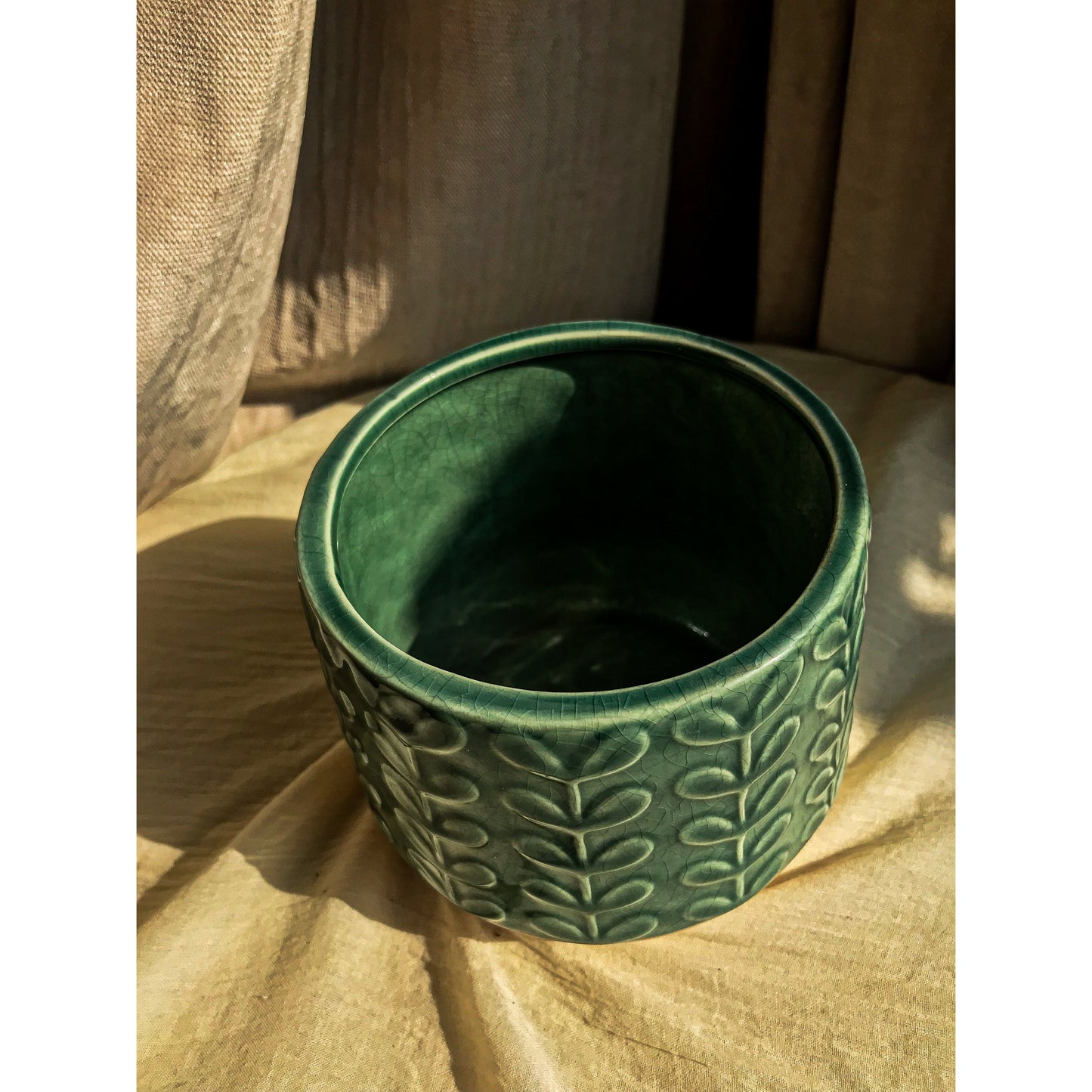 A green ceramic planter with an embossed leaf pattern on the upper portion and a natural, unglazed ceramic base.