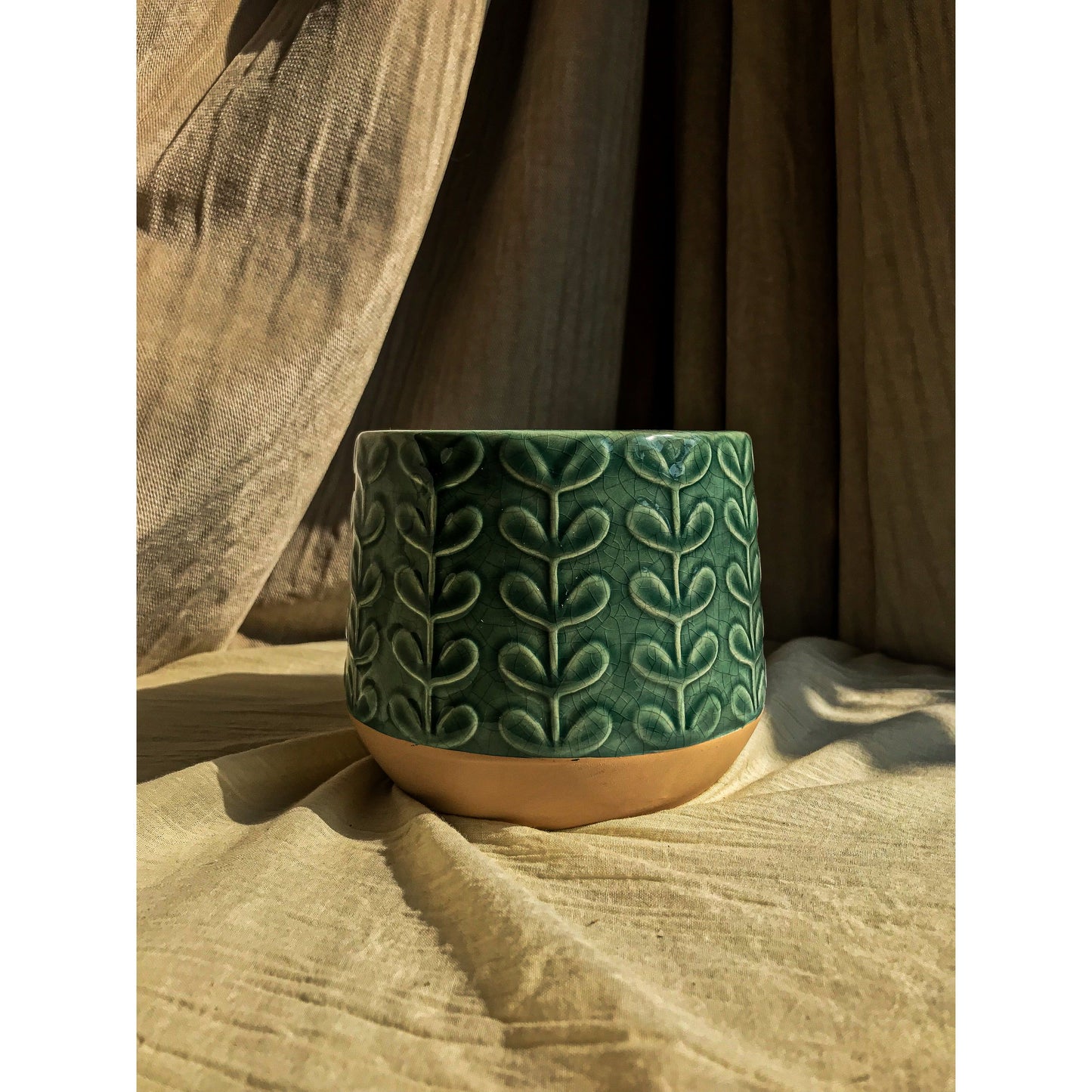 A green ceramic planter with an embossed leaf pattern on the upper portion and a natural, unglazed ceramic base.