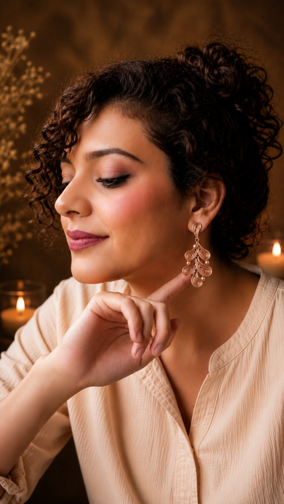 Woman wearing a beige blouse with a rose gold earrings