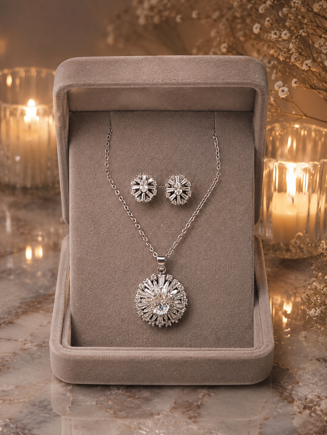 Silver floral crystal pendant necklace and matching stud earrings displayed in a premium jewellery box with intricate radiant detailing.