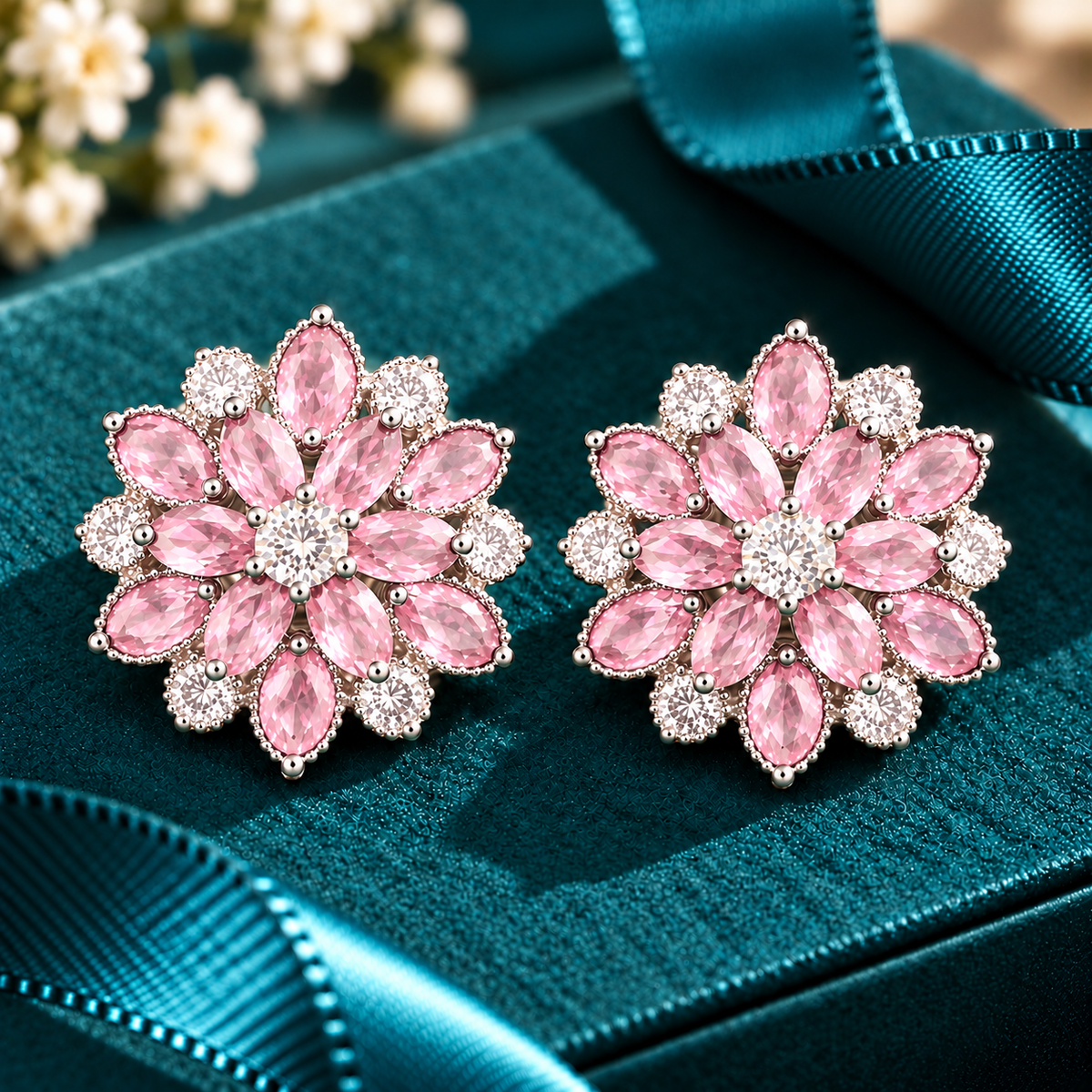 Vespera Bloom Earrings in soft pink, featuring layered marquise-cut gemstones, clear zircon accents and polished silver-tone settings, displayed on a teal jewellery box