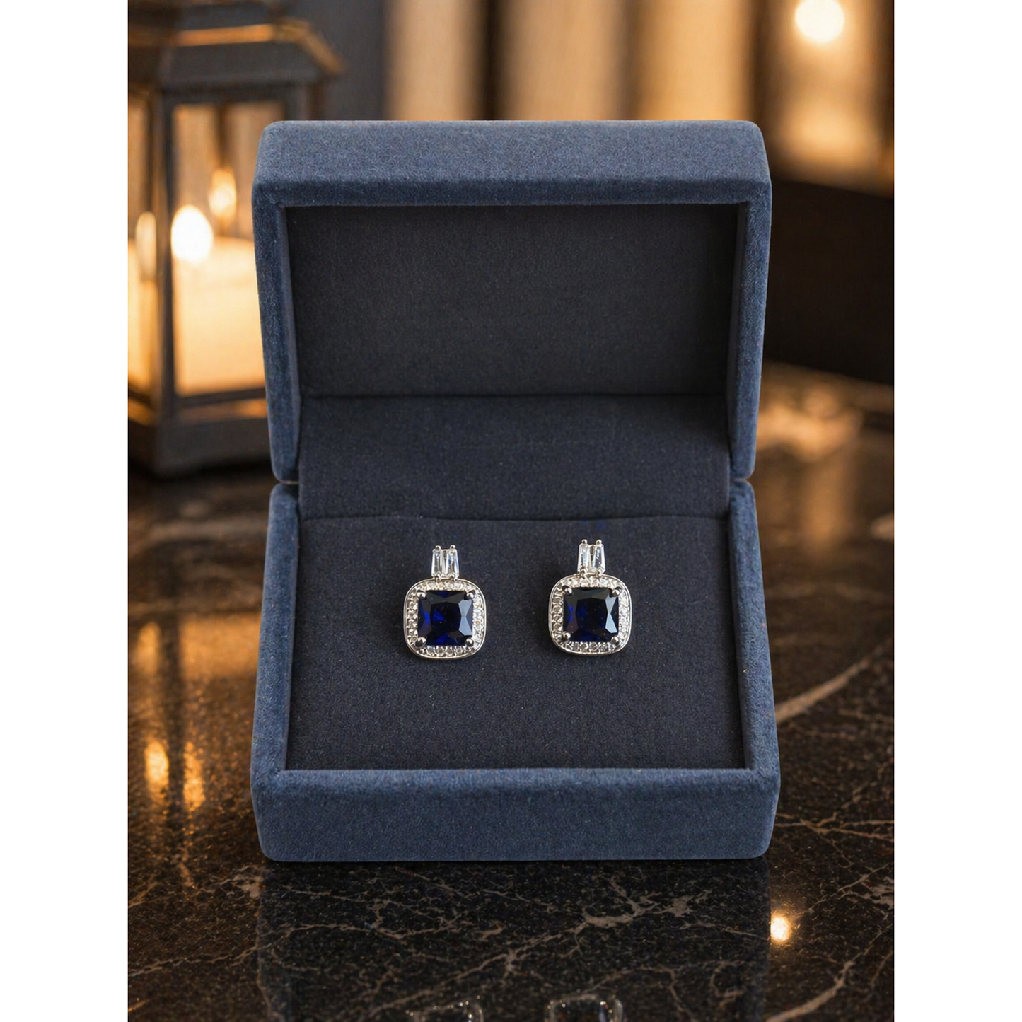 Square cut gemstone stud earrings in velvet box with halo blue crystal frame premium gift jewelry display