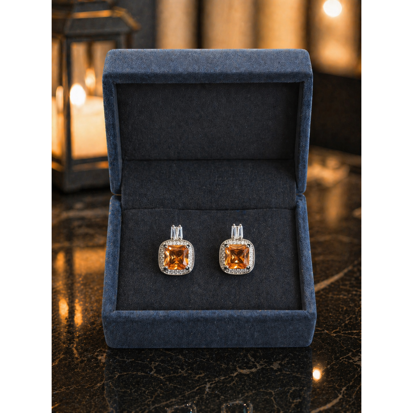 Square cut gemstone stud earrings in velvet box with halo champaign crystal frame premium gift jewelry display