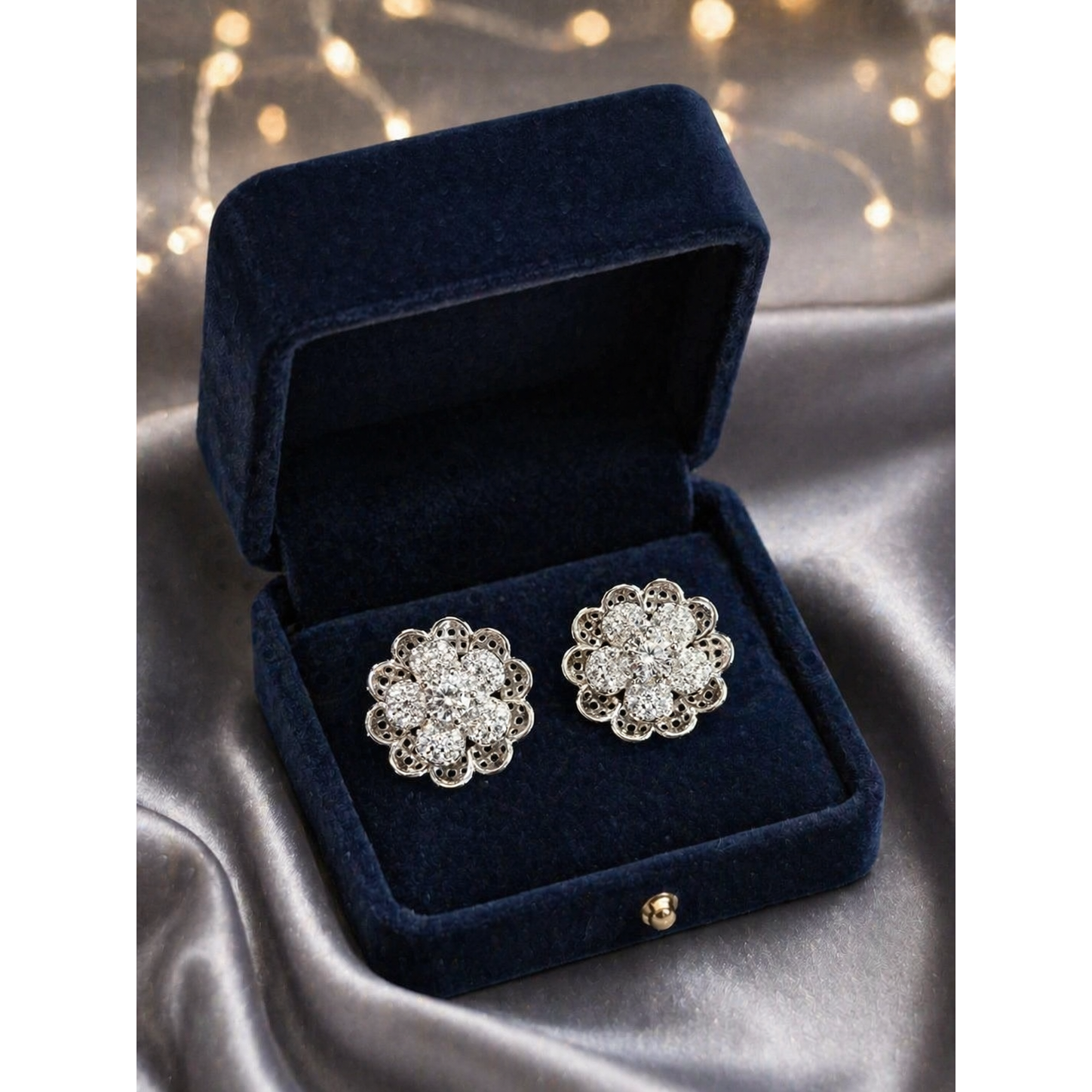 Silver floral crystal stud earrings placed in premium velvet jewelry box on satin background with soft lighting