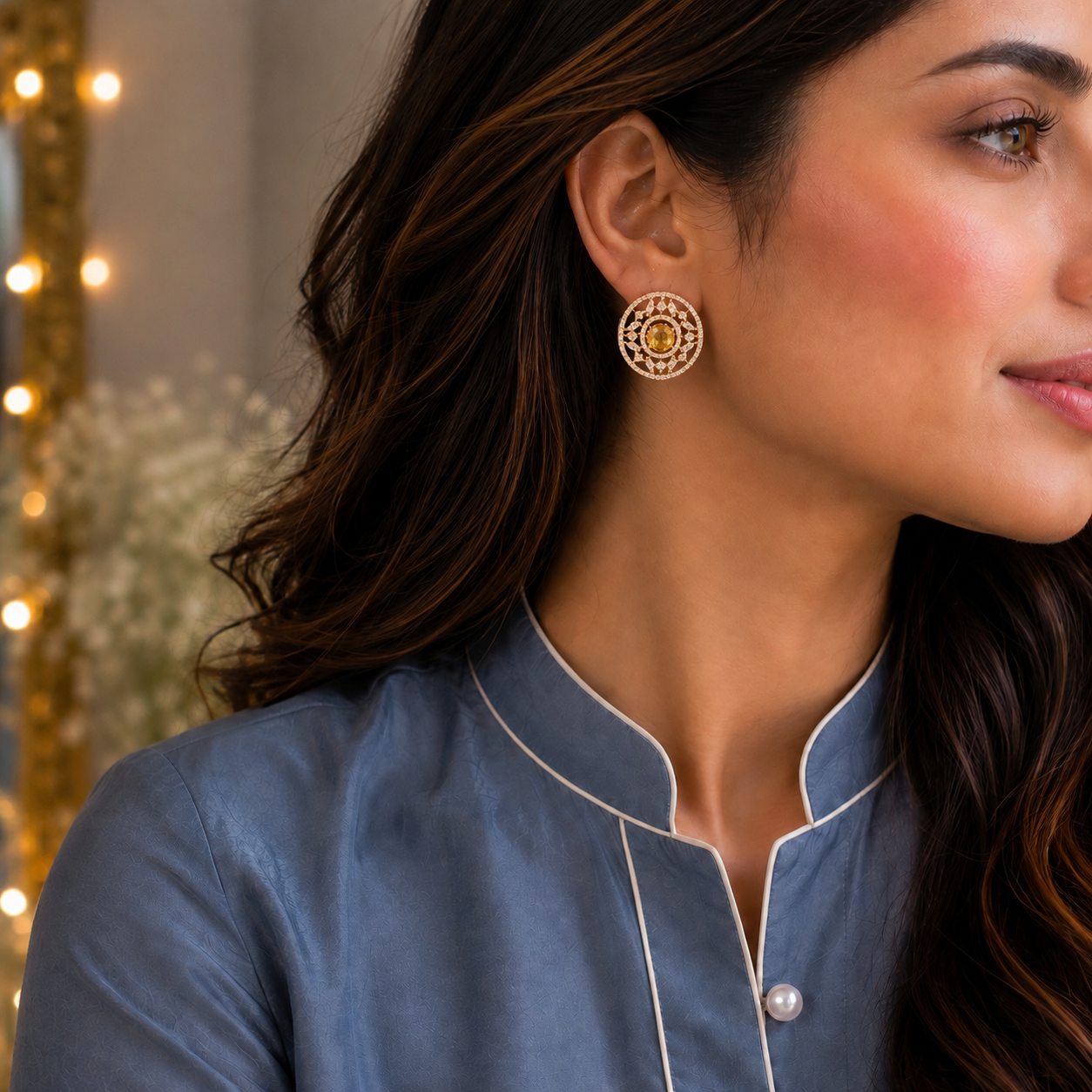  A model wearing  Solstice Studs with golden yellow oval centre stone, marquise zircon accents 