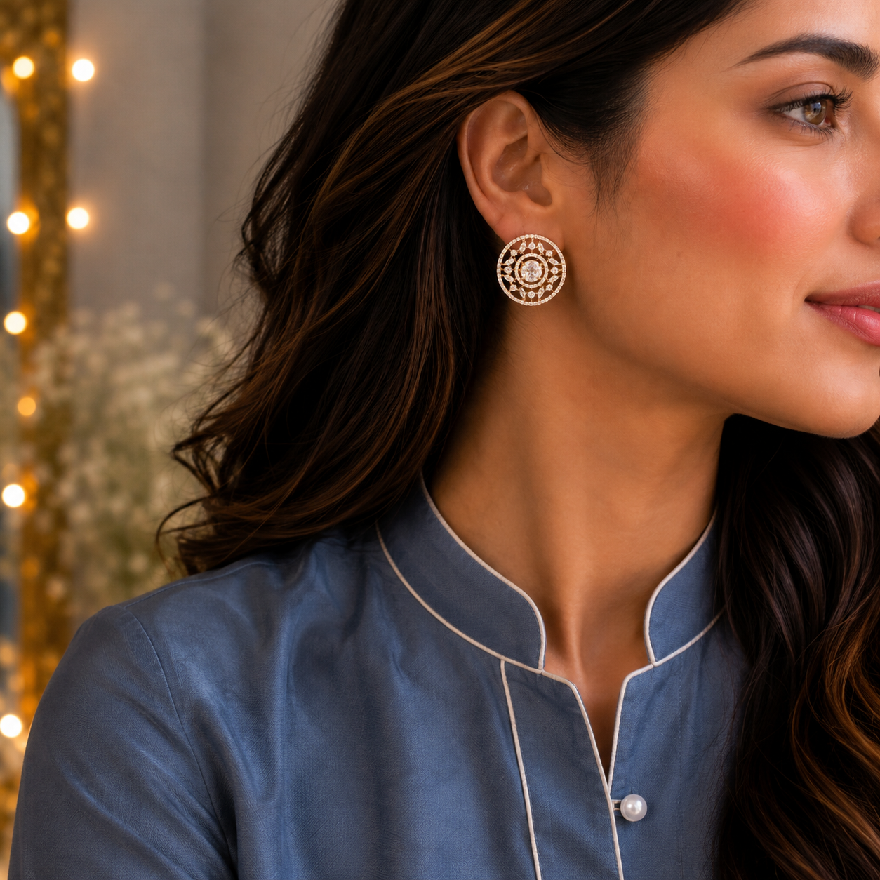  A model wearing  Solstice Studs with clear oval centre stone, marquise zircon accents 