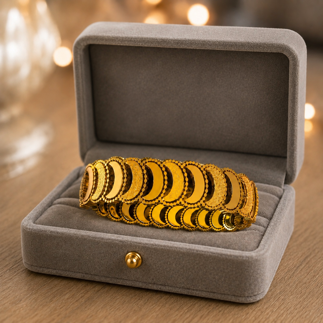 Gold crescent link bracelet displayed inside a premium grey velvet jewellery box
