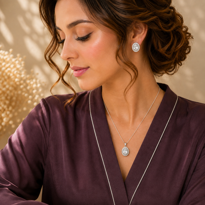 Model wearing matching silver-tone oval clear zircon earrings and pendant necklace with sparkling double-stone borders.