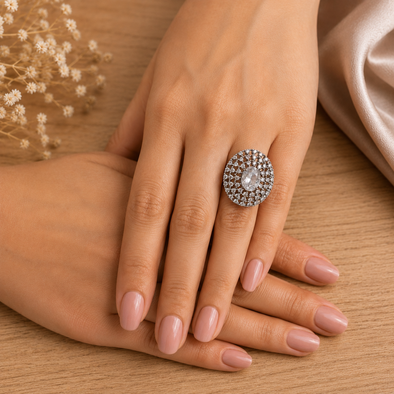 S925 Lucent Lace statement ring with oval clear centre stone and intricate crystal lattice design worn on hand.