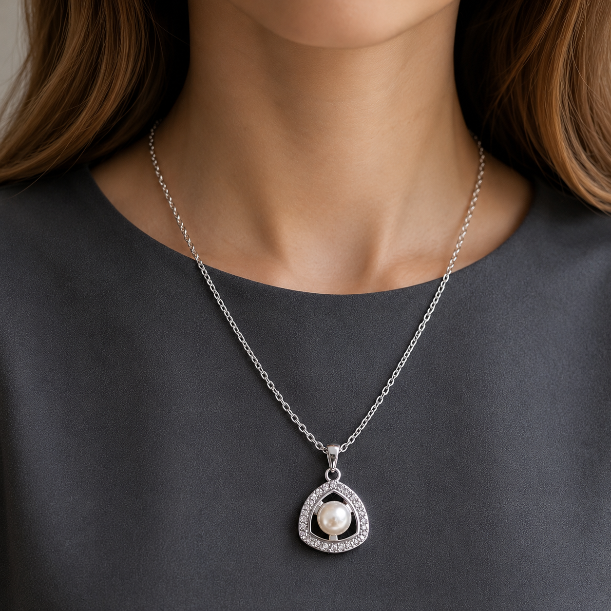 Silver-tone triangular pendant with luminous pearl centre and clear stone border worn on a fine chain.