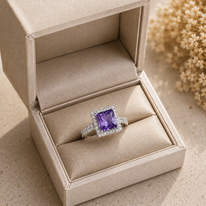  Amethyst Purple Square-cut statement ring with faceted centre stone, clear stone halo and detailed band displayed in a champagne jewellery box.