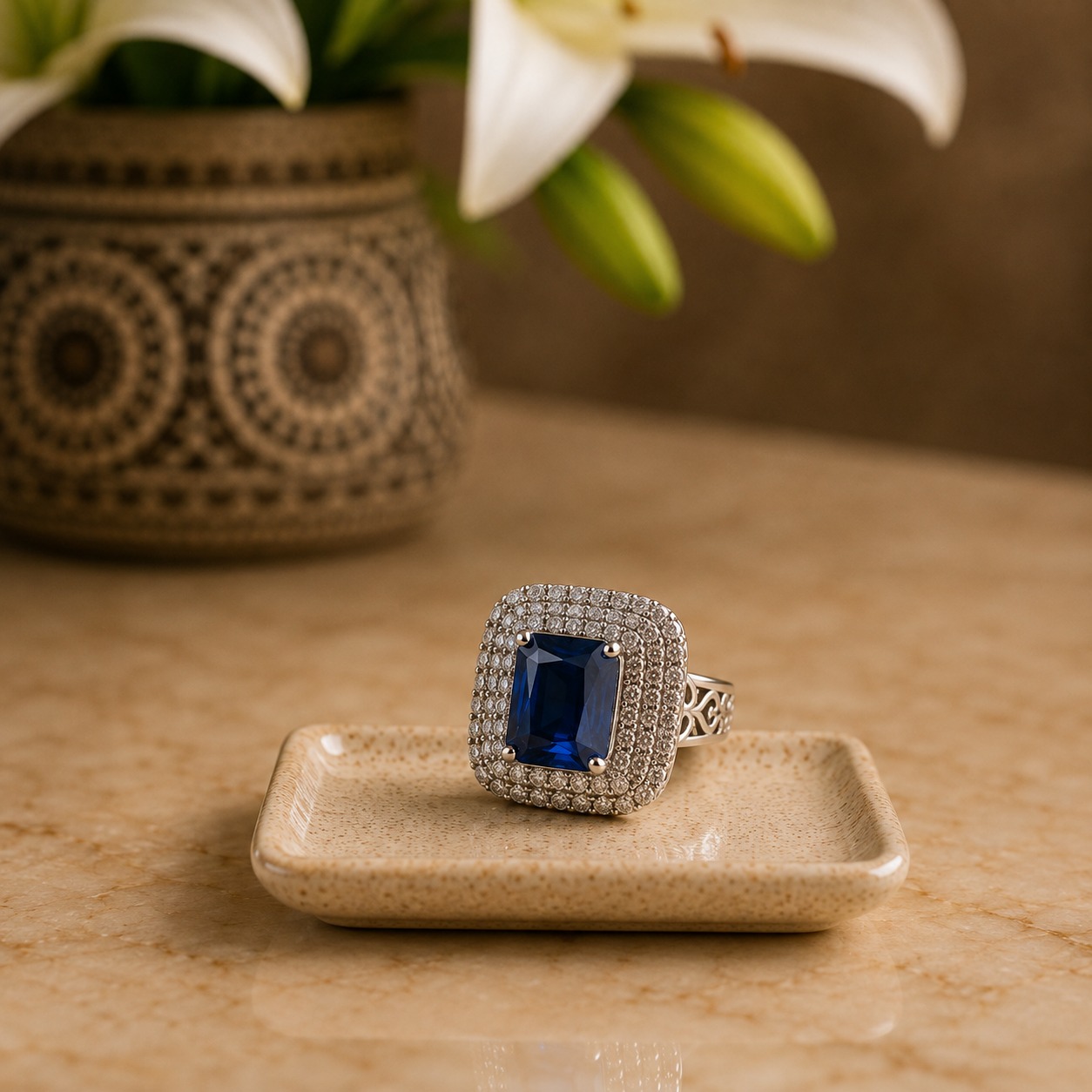 Sapphire blue cushion-cut S925 statement ring displayed on a beige ceramic tray with soft luxury styling.
