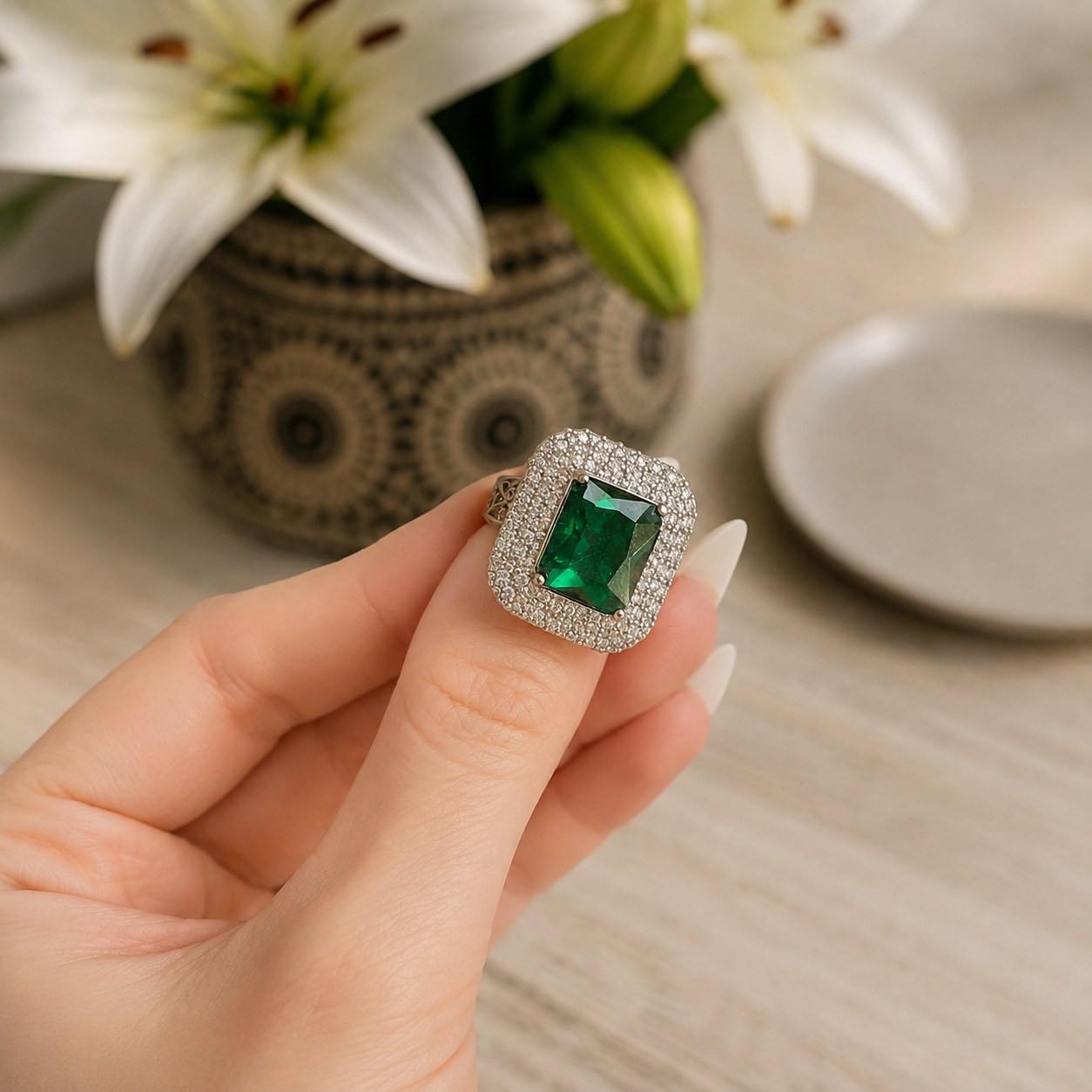Emerald green cushion-cut statement ring held between fingers with blurred lily flowers and ceramic vase in the background.