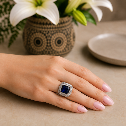 Sapphire blue cushion-cut statement ring worn on a hand with soft pink nails, photographed in natural daylight.