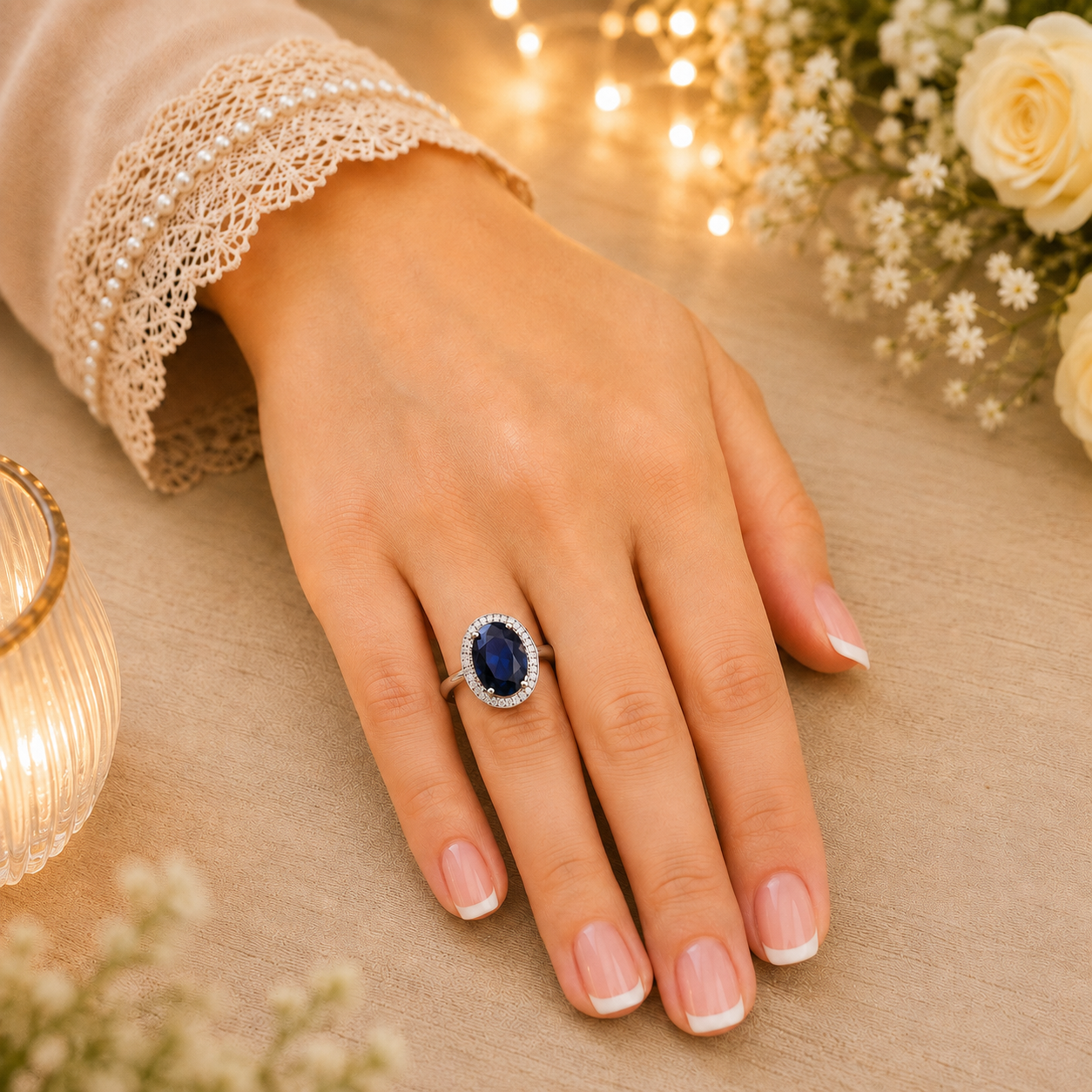 
Deep blue oval halo ring worn on a hand with French manicure in a warm luxury lifestyle setting.