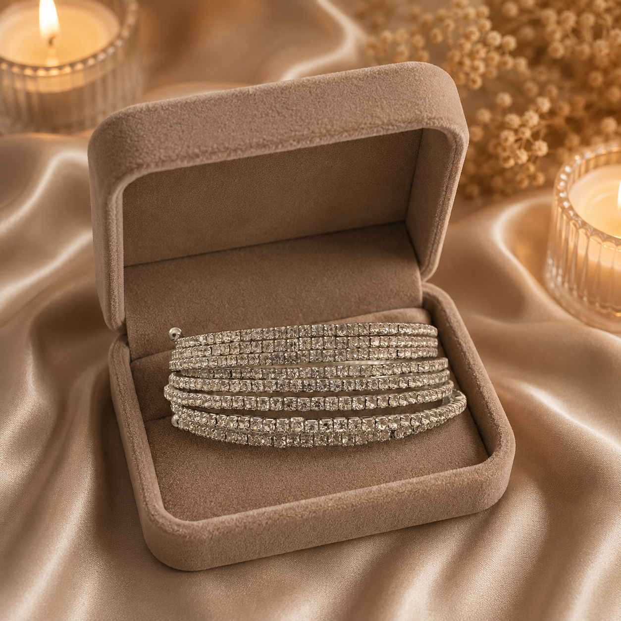 Multi-row crystal spring bracelet displayed inside a soft taupe velvet jewelry box on champagne satin with candles and dried flowers.