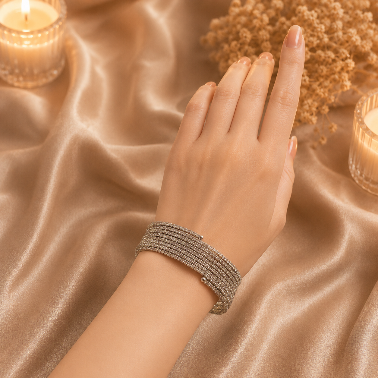 Flexible crystal bracelet worn on the wrist, showing its comfortable layered fit and shimmering stone details.