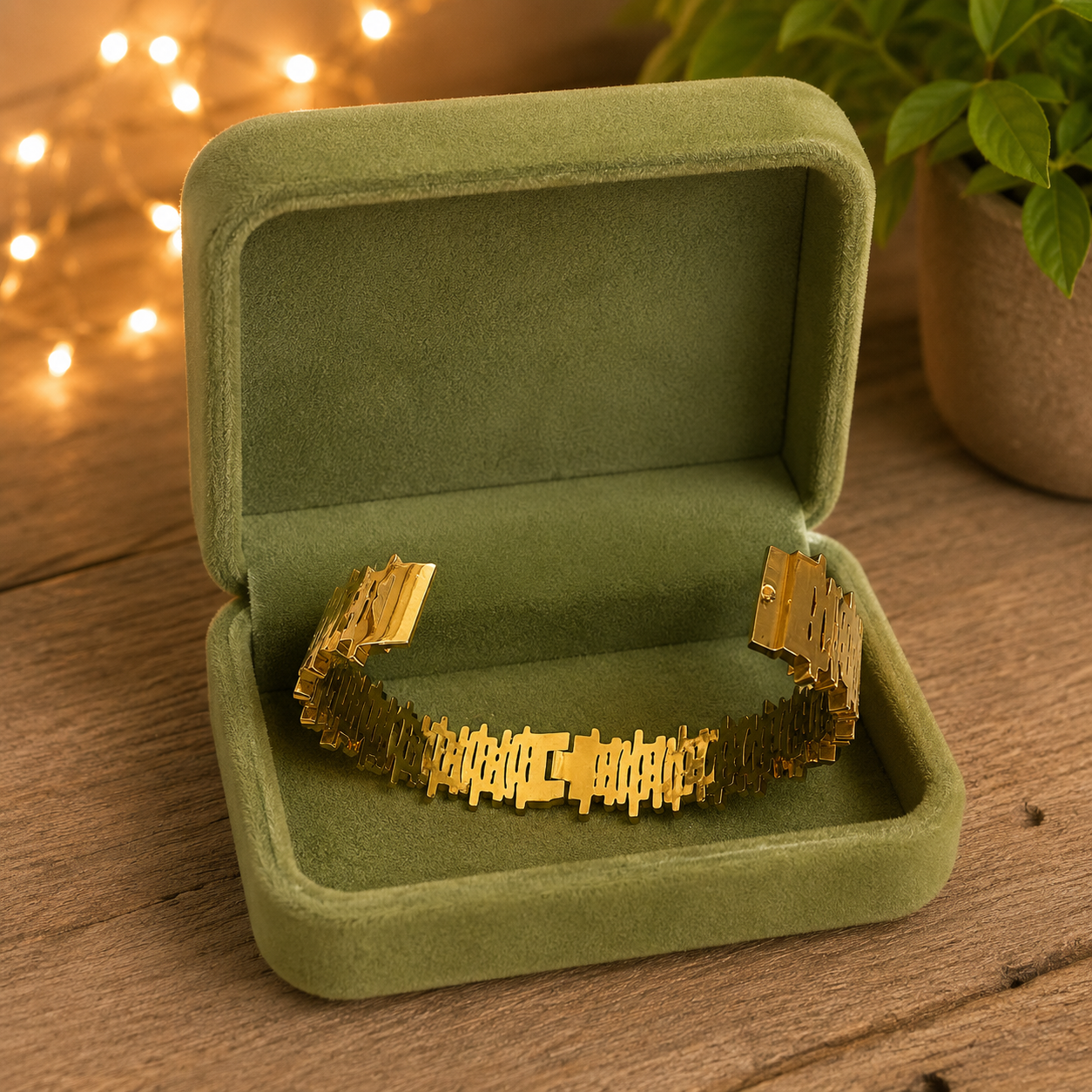 Gold bracelet displayed with its clasp lock open, highlighting the secure locking mechanism and inner construction