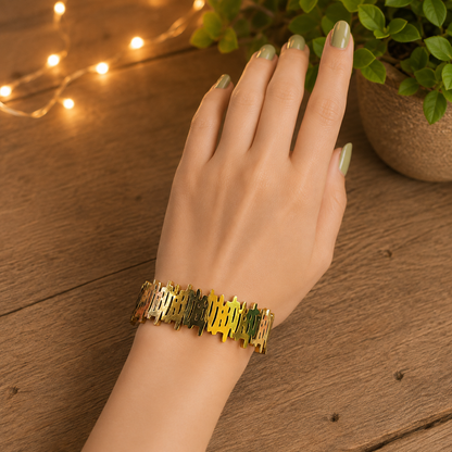 Gold lattice bracelet with clasp lock worn on a hand, showcasing its modern structured design and polished finish.